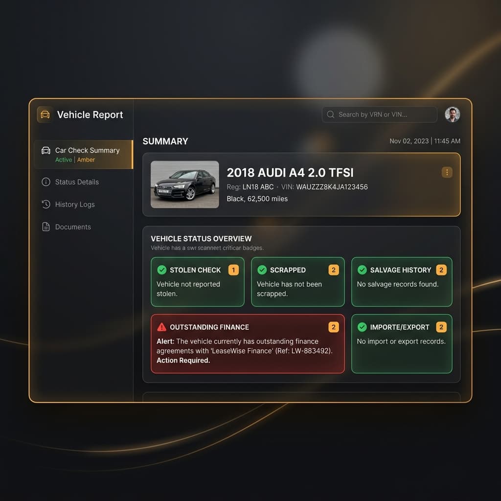 Dashboard showing vehicle history report summary